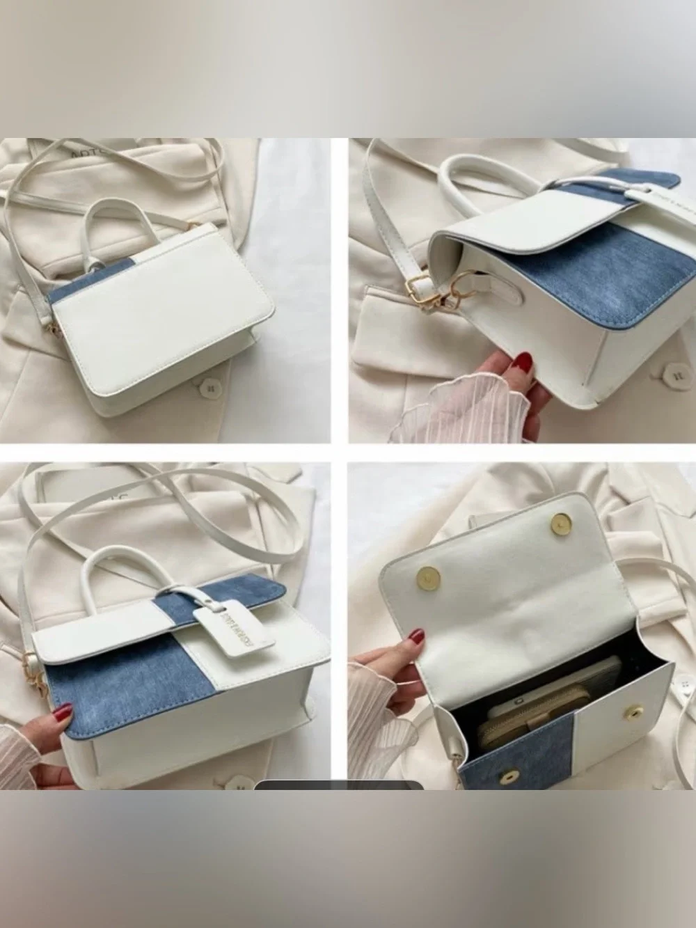 Two-Tone White and Denim Patchwork Top-Handle Crossbody Bag